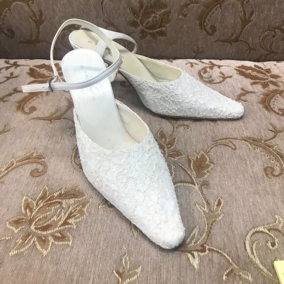 Kalla Collection Shoes - Dye-Able White Lace Satin Ankle-Strap, Formal Pump Dress Shoe Wedding Block Heel